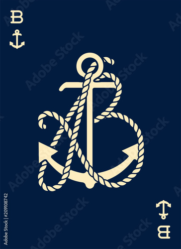 Vintage Label with an Anchor and Letter made of Ship Rope. Apparel t-shirt or Poster Design. Logotype Monogram with Playing Cards Style. Vector illustration.