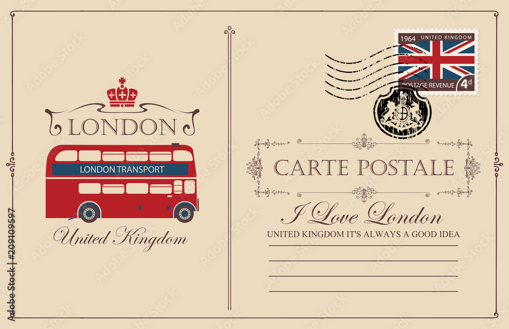 Fototapeta premium Pocztówka retro z dwupiętrowym autobusem London. Pocztówka wektor w stylu vintage z miejscem na tekst, znaczek pocztowy z flagą Wielkiej Brytanii i pieczątka w formie herbu królewskiego