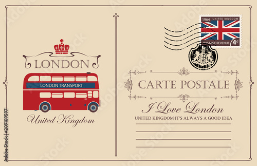 Retro postcard with the London double decker. Vector postcard in vintage style with place for text, postage stamp with flag of United Kingdom and rubber stamp in form of royal coat of arms