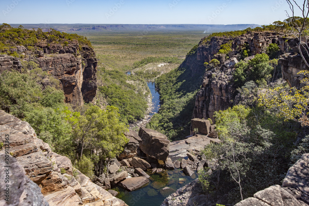 spectacular view over Arnhem Plateau and Kakadu National Park from top of the Jim Jim fals, northern Terrtory, Australia