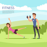 Open air outdoor sport or fitness training with male and female characters
