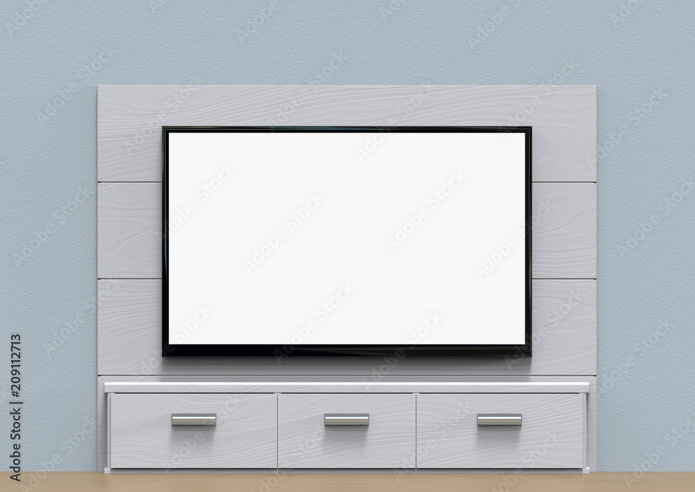 3d rendering. White mock up screen  TV on modern wall background.