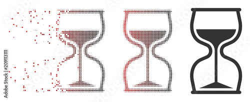 Vector hourglass icon in dissolved, pixelated halftone and undamaged whole variants. Disintegration effect uses rectangle scintillas and horizontal gradient from red to black.