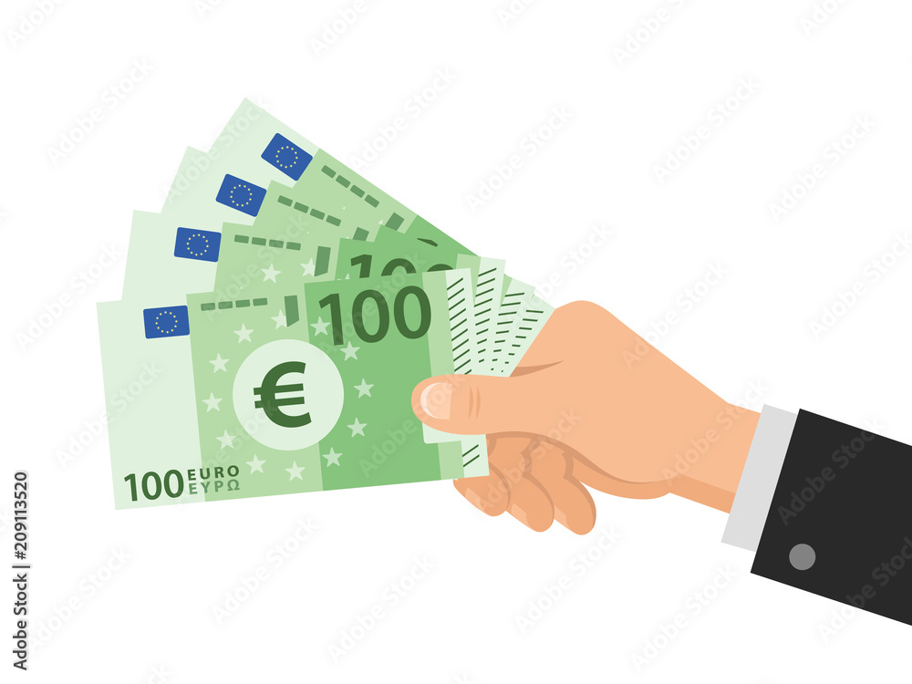 Hand holds money Euro 100 banknotes. Business concept. Isolated on white background. Flat Style. Vector illustration. - obrazy, fototapety, plakaty 