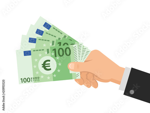 Hand holds money Euro 100 banknotes. Business concept. Isolated on white background. Flat Style. Vector illustration.