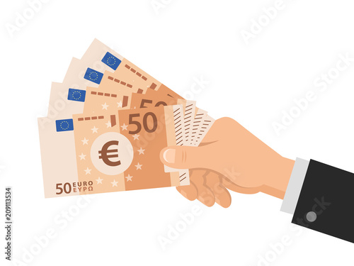 Hand holds money Euro 50 banknotes. Business concept. Isolated on white background. Flat Style. Vector illustration.