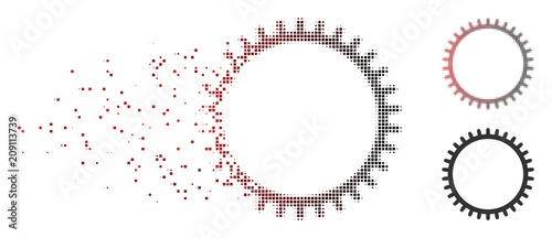 Vector tooth gear icon in dispersed, dotted halftone and undamaged entire versions. Disappearing effect involves rectangular particles and horizontal gradient from red to black.
