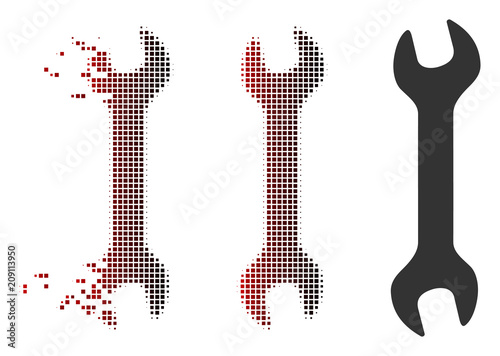 Vector wrench icon in dispersed, pixelated halftone and undamaged whole versions. Disintegration effect uses square scintillas and horizontal gradient from red to black. photo