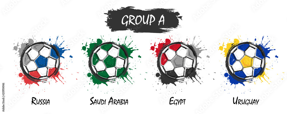 Fototapeta premium Set of national football team group A . Realistic watercolor art paint with stained splash color . Flat design . Vector for international world championship tournament cup 2018