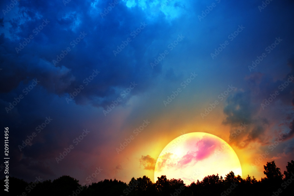 Big moon and colorful night sky background.