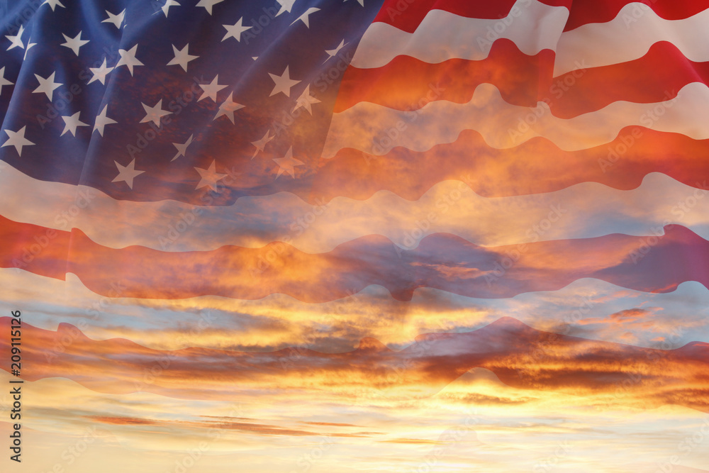 Fototapeta premium U.S.A. American flag stars and stripes in sunny sky