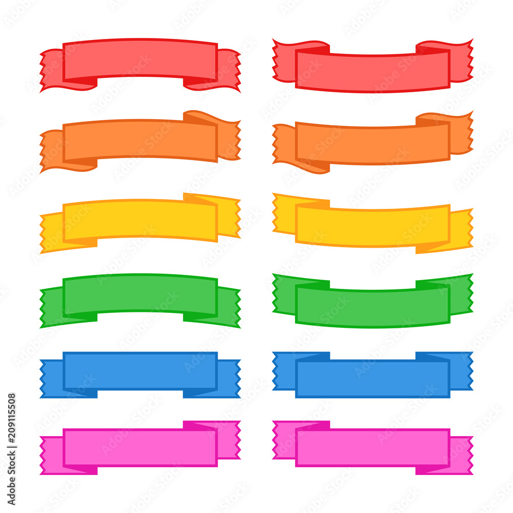 Set of colored ribbon banners. With space for text. Simple flat vector illustration isolated on white background. Suitable for infographics, design, advertising, holidays, labels.