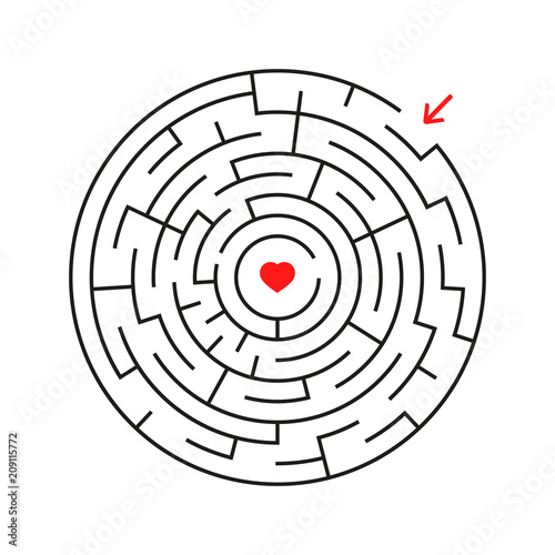 Round labyrinth. With the entrance and exit. An interesting game for children and adults. Simple flat vector illustration isolated on white background.