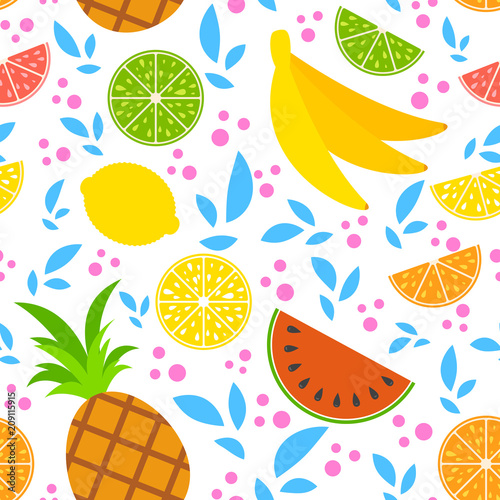 Colorful seamless pattern of appetizing tropical fruits on a white background. Simple flat vector illustration. For the design of paper wallpaper, fabric, wrapping paper, covers, web sites.