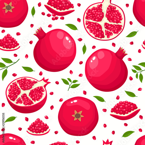 Vector pattern with cartoon pomegranates isolated on white.