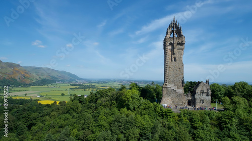 Aerial image of the Wallace Monument on Abbey Craig in Scotland.