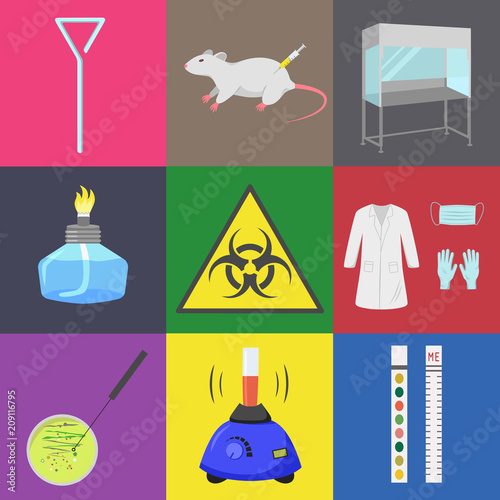 Microbiology laboratory flat icons set . Color vector illustration illustration. Biological equipment and test analysis.
