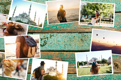 A lot of pictures on the wooden surface. Travel memories of Turkey including Istanbul and Cappadocia. Next to the photos is a place for text