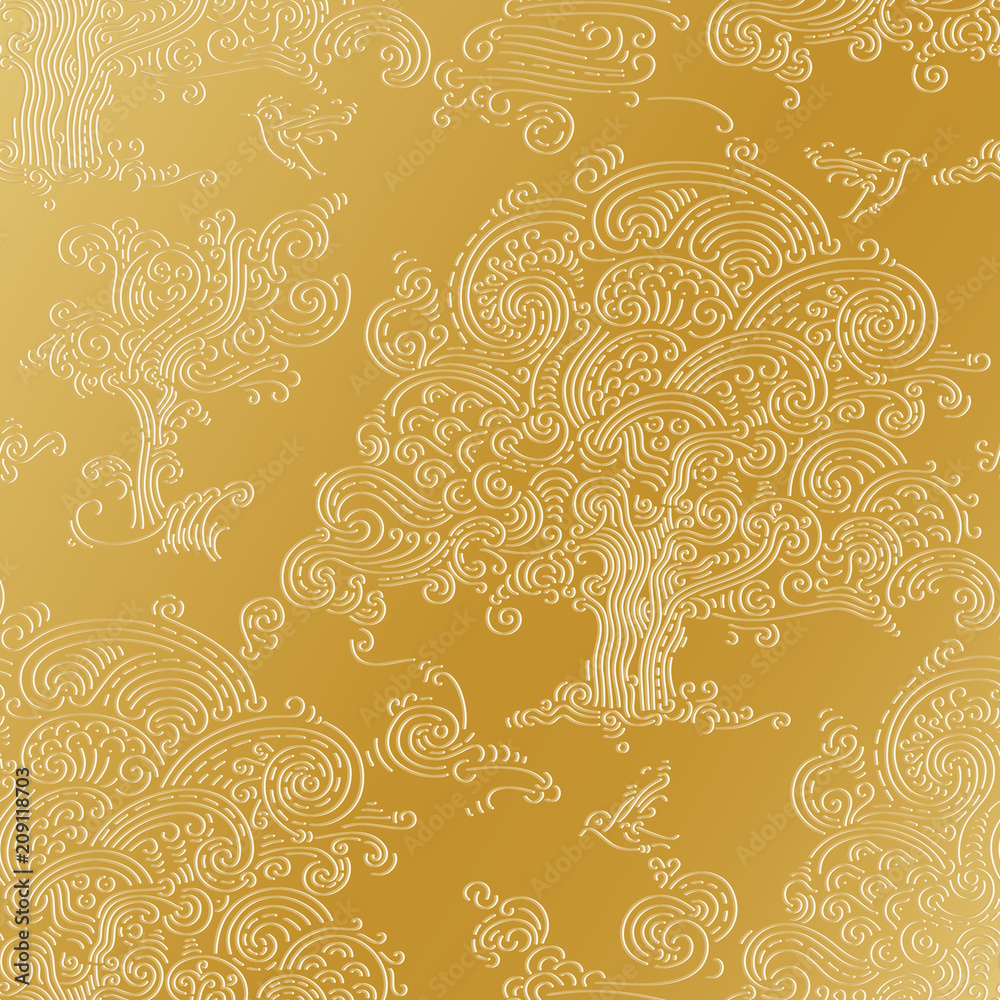 Golden oak tree and birds background. Hand drawn seamless pattern in vector format.
Golden oak tree and birds background. Hand drawn seamless pattern in vector format.