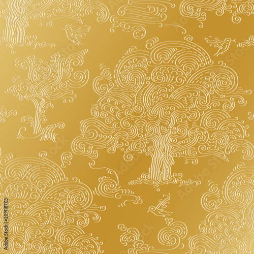 Golden oak tree and birds background. Hand drawn seamless pattern in vector format.
