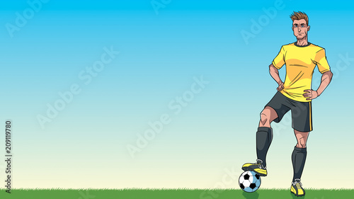 Football Player Background / Cartoon background with a football player on a soccer field, and copy space for your text.