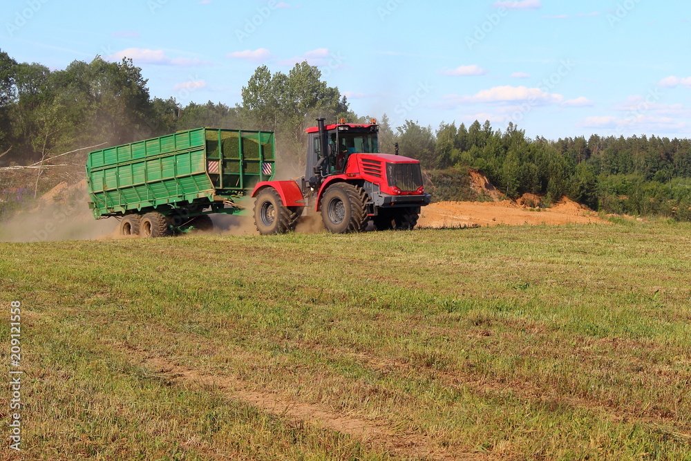 Obraz premium Agriculture, harvesting - new red tractor with green trailer carries silo on green field in summer afternoon on blue clear sky background with white clouds