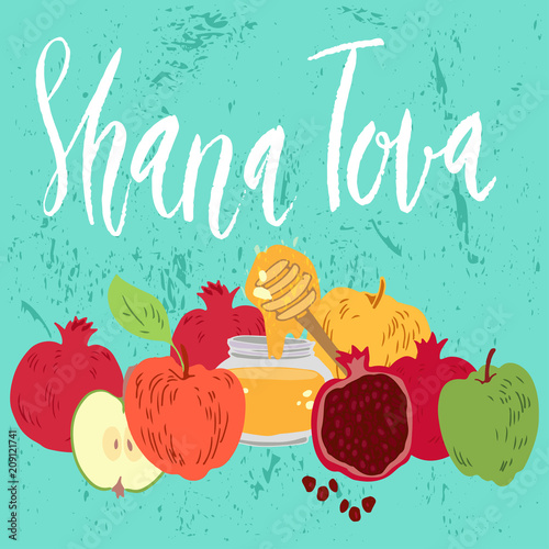 Hand drawn vector illustration for Rosh Hashana Jewish new year holiday. Apples, pomegranate and honey. Brush lettering phrase Shana Tova ( Happy new year in Hebew ) photo