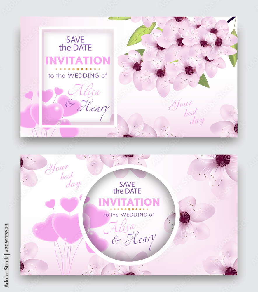 Set wedding invitation template or greeting card. Elegant background with cherry or sakura blossom flowers and balloon hearts. Vector