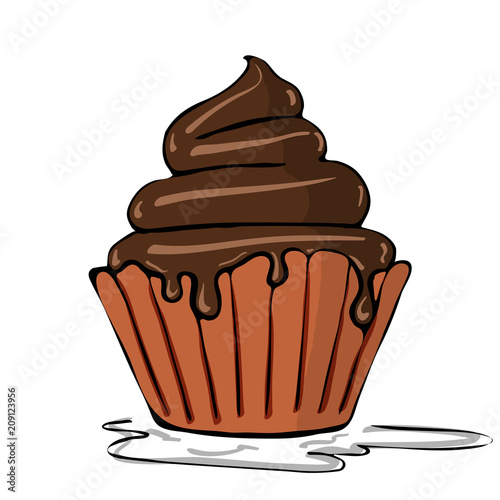 Hand draw sketch of a vanilla cupcake with cream. Vector illustration.