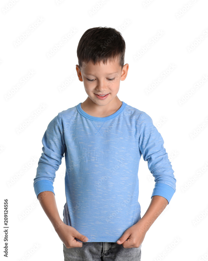 Little boy in long sleeve t-shirt on white background. Mock-up for design Little boy in long sleeve t-shirt on white background. Mock-up for design