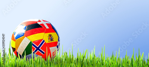 Fußball mit Länderflaggen auf Rasen 