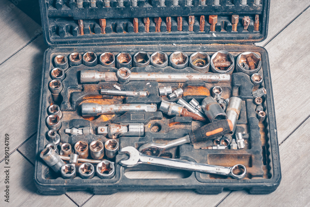 A set of tools in a suitcase close-up, selective focus A set of tools in a suitcase close-up, selective focus
