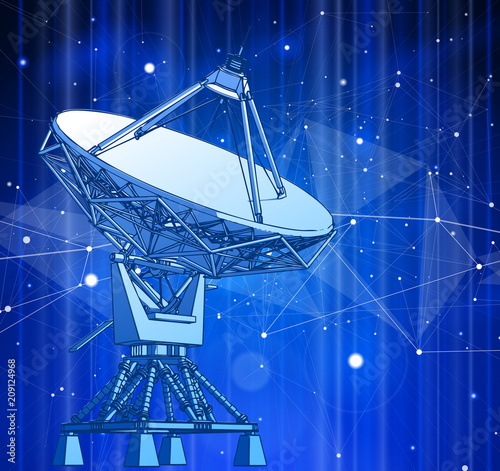 Satellite Dishes Antenna - doppler radar, digital wave and blue technology background - abstract illustration of science, astronomy, information technology, network solutions  and digital technologies