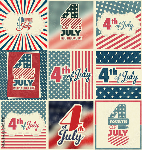 4th of July, Independence day calligraphy set with USA patriotic flag design. Vector illustration