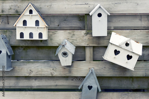 Wooden bird houses with heart shaped holes on a wooden fence       © Harry Wedzinga