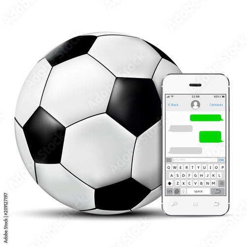 Soccer ball and smartphone with chatting sms app template. Isolated on white background.