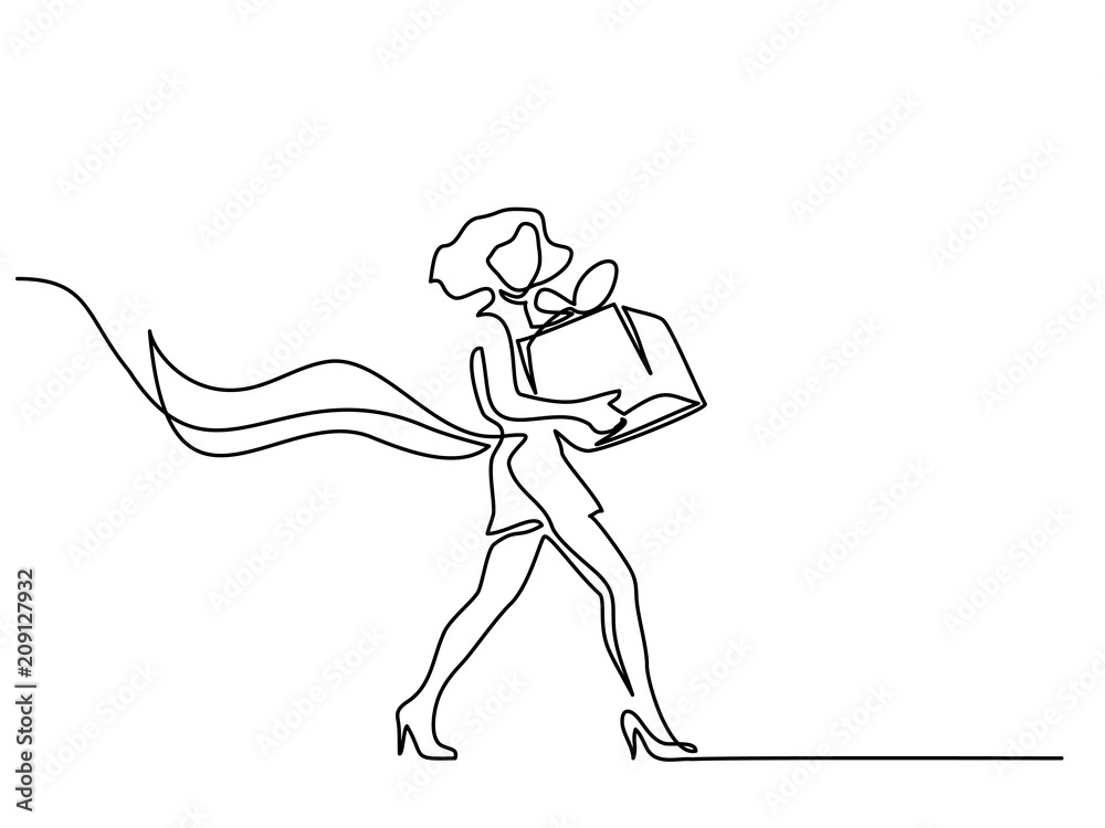 Continuous line drawing. Beautiful woman with big box gift. Vector illustration. Concept for logo, card, banner, poster, flyer Continuous line drawing. Beautiful woman with big box gift. Vector illustration. Concept for logo, card, banner, poster, flyer