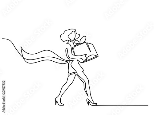 Continuous line drawing. Beautiful woman with big box gift. Vector illustration. Concept for logo, card, banner, poster, flyer