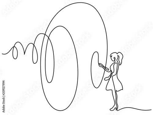 Continuous line drawing. Beautiful woman with big ribbon. Vector illustration. Concept for logo, card, banner, poster, flyer