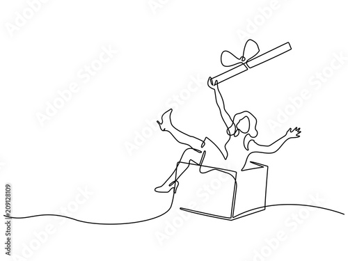 Continuous line drawing. Beautiful woman with big box gift. Vector illustration. Concept for logo, card, banner, poster, flyer