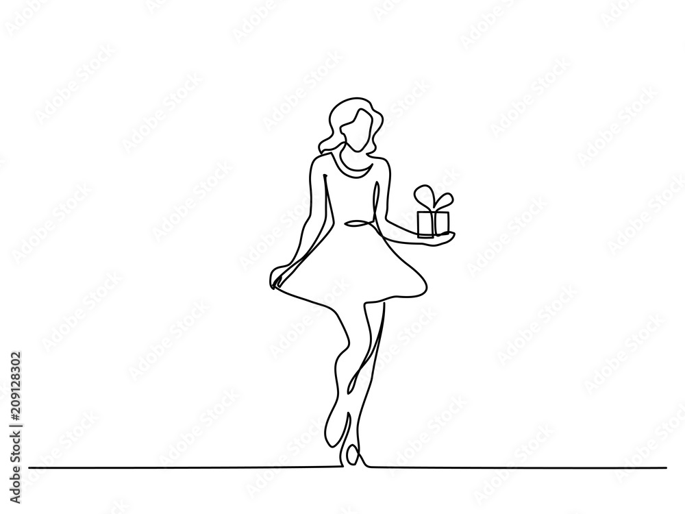 Continuous line drawing. Beautiful woman with box gift. Vector illustration. Concept for logo, card, banner, poster, flyer Continuous line drawing. Beautiful woman with box gift. Vector illustration. Concept for logo, card, banner, poster, flyer