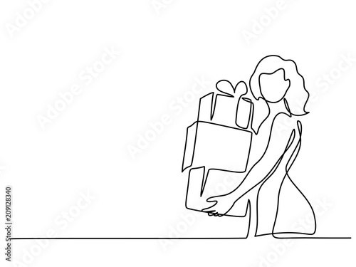 Continuous line drawing. Beautiful woman with big box gift. Vector illustration. Concept for logo, card, banner, poster, flyer