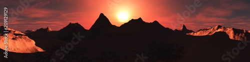 silhouettes of mountains on a sunset background  panorama of a mountain landscape  sunset in the mountains   3D rendering  