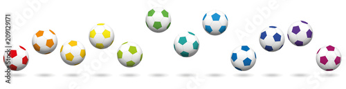Soccer balls loosely arranged. Rainbow colored jumping soccer ball set, twelve different colors. Isolated vector illustration on white background.