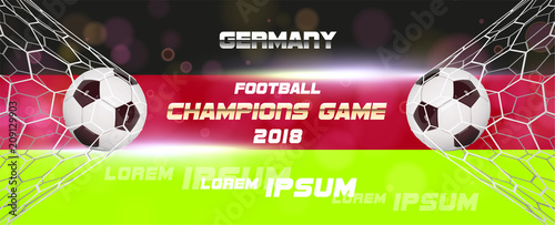 Soccer or Football wide Banner With 3d Ball on flag of germany background. Germany football game match goal moment with realistic ball in the net and place for text