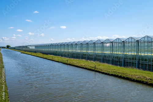 Diminishing perspective view of a greenhouse along a canal, Westland, the Netherlands photo