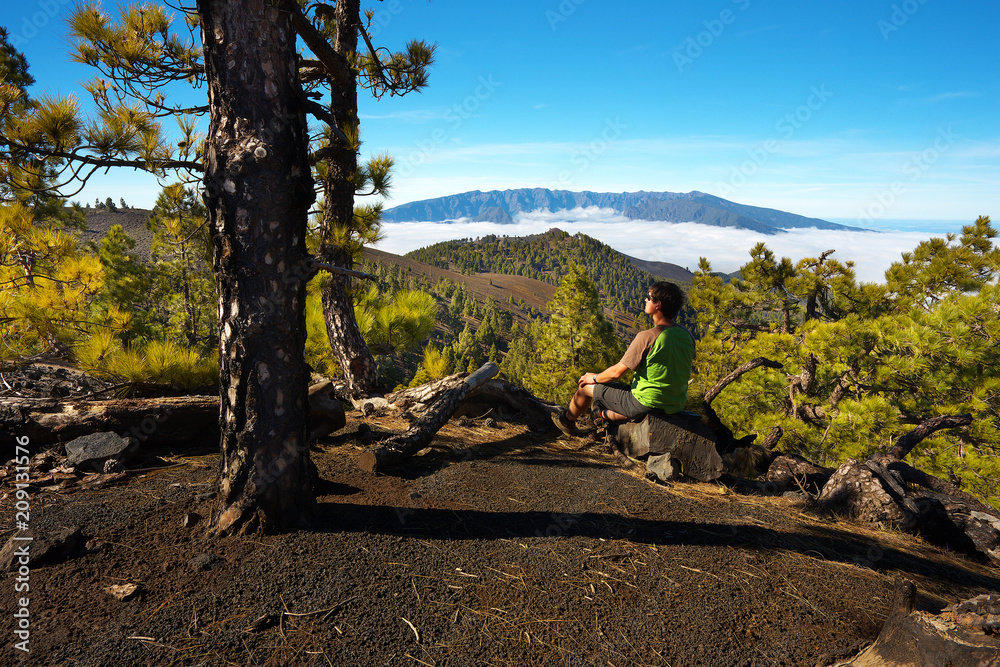 Man sitting on the stone watching a volcanic landscape of pine forest with a Caldera de Taburiente on background, island of La Palma, Canary Islands, Spain