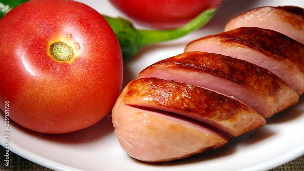 Fried sausage on a plate with tomatoes is covered with tomato ketchup Fried sausage on a plate with tomatoes is covered with tomato ketchup