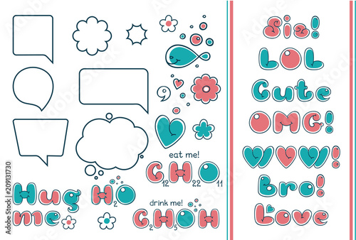 Comic bubble set. Popular phrases and quotes in cartoon style. Text forms, sis, bro, cute, omg, wow, love, hug me. Chemical formulas of water, ethanol, sucrose