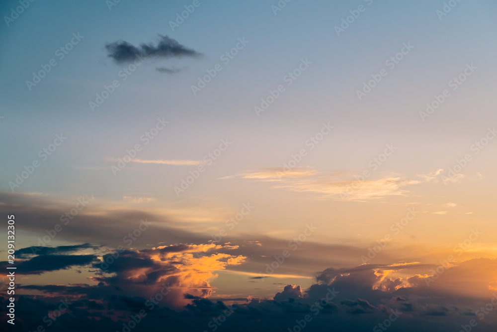 Amazing tropical landscape view. Colorful sky and clouds view with calm sea and relaxing tropical mood. Gorgeous nature background. Maldives, Indian Ocean.